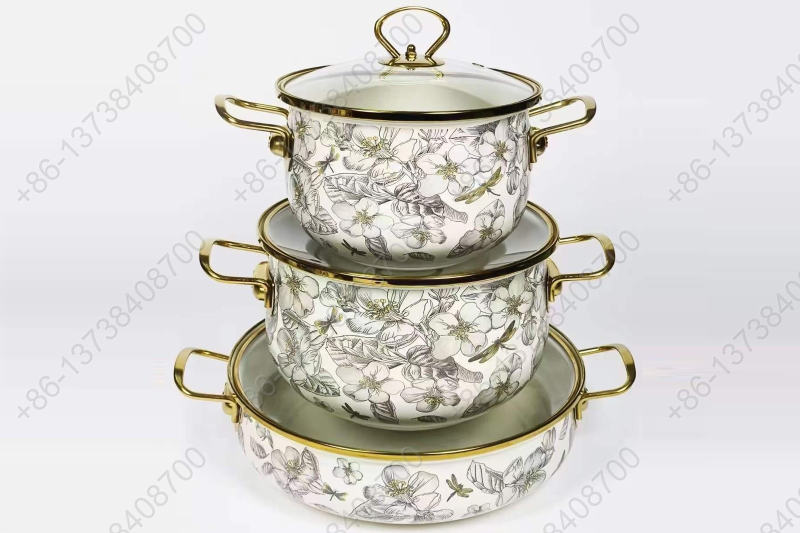 High Quality Enamel Cooking Pot With Glass Lid Enamel Casserole Set With Golden S/S Handles & S/S Knobs & S/S Rim