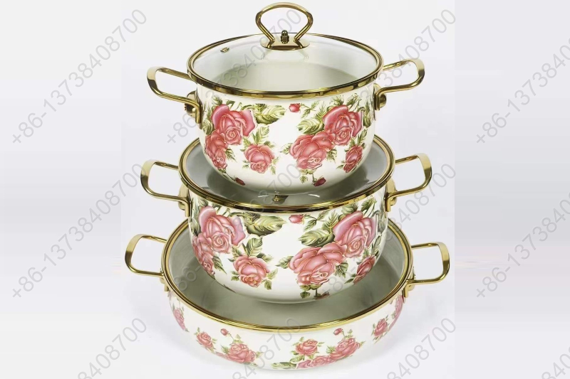 High Quality Enamel Cooking Pot With Glass Lid Enamel Casserole Set With Golden S/S Handles & S/S Knobs & S/S Rim