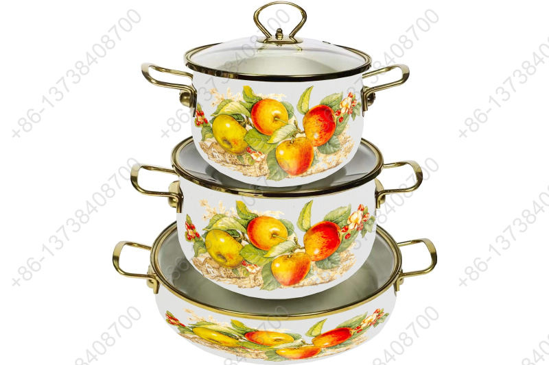 High Quality Enamel Cooking Pot With Glass Lid Enamel Casserole Set With Golden S/S Handles & S/S Knobs & S/S Rim