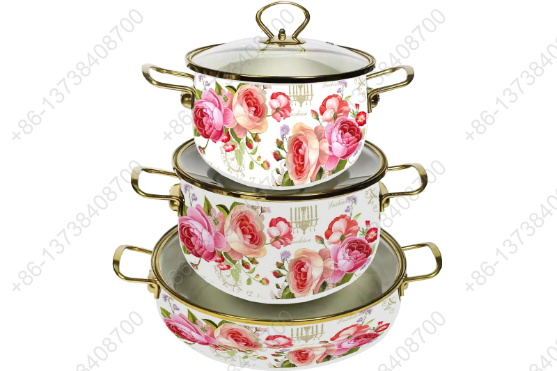 High Quality Enamel Cooking Pot With Glass Lid Enamel Casserole Set With Golden S/S Handles & S/S Knobs & S/S Rim