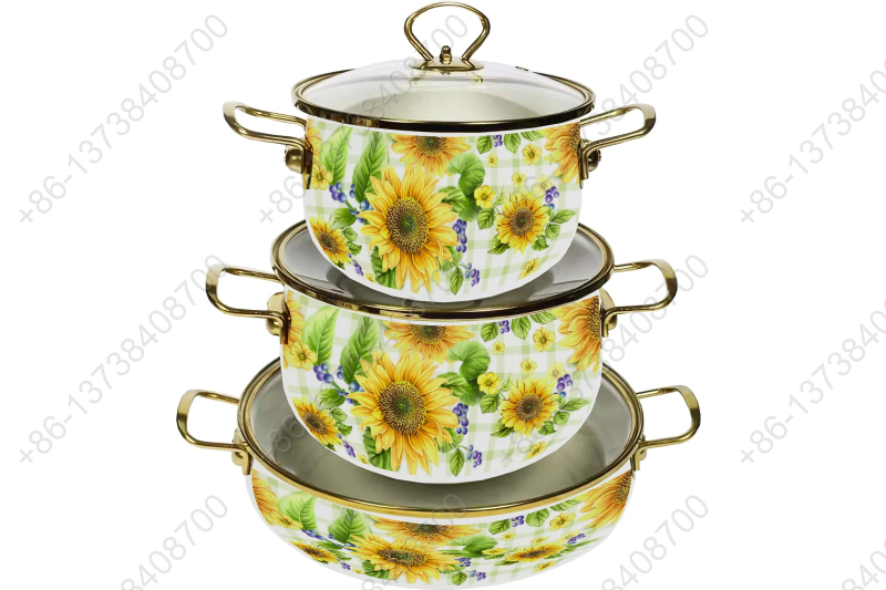 High Quality Enamel Cooking Pot With Glass Lid Enamel Casserole Set With Golden S/S Handles & S/S Knobs & S/S Rim