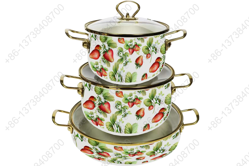 High Quality Enamel Cooking Pot With Glass Lid Enamel Casserole Set With Golden S/S Handles & S/S Knobs & S/S Rim