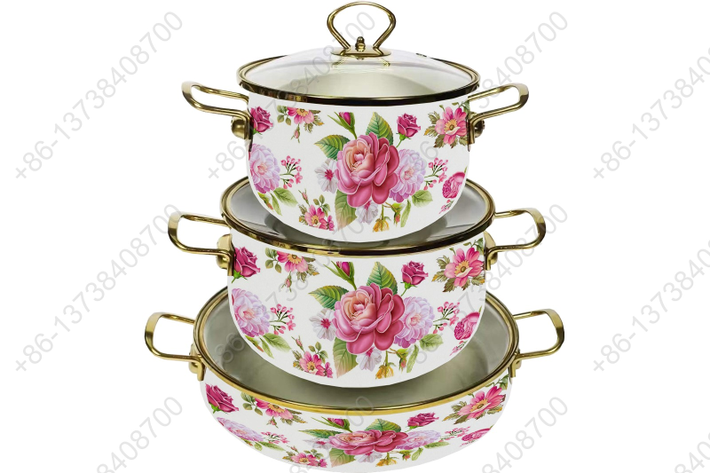 High Quality Enamel Cooking Pot With Glass Lid Enamel Casserole Set With Golden S/S Handles & S/S Knobs & S/S Rim