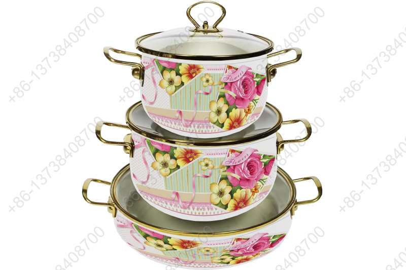 High Quality Enamel Cooking Pot With Glass Lid Enamel Casserole Set With Golden S/S Handles & S/S Knobs & S/S Rim