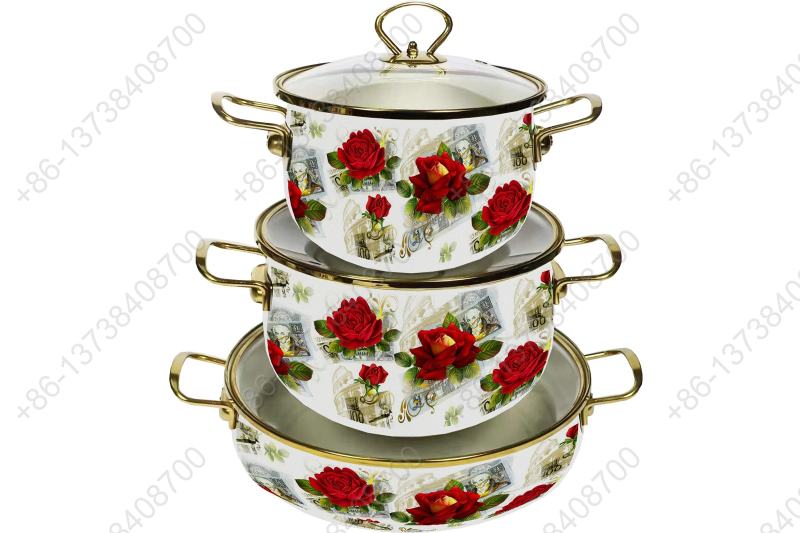 High Quality Enamel Cooking Pot With Glass Lid Enamel Casserole Set With Golden S/S Handles & S/S Knobs & S/S Rim