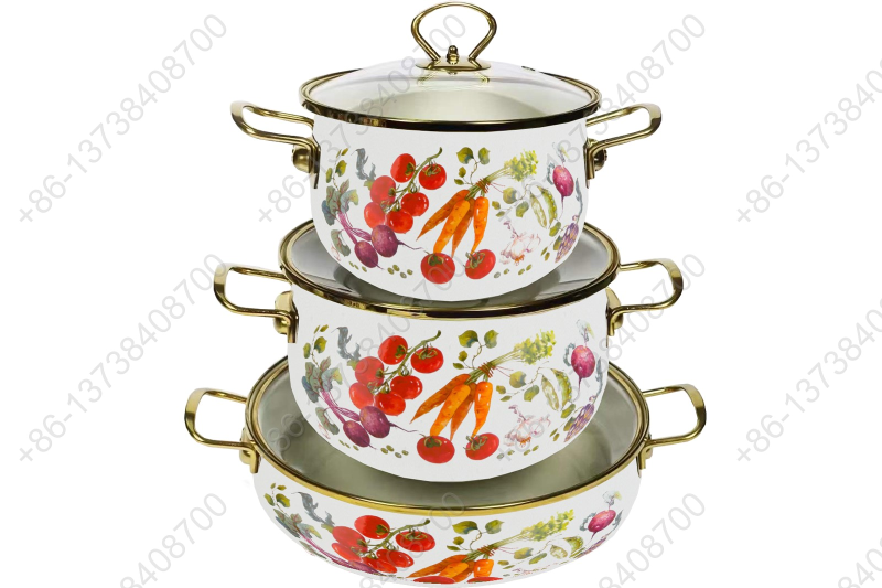 High Quality Enamel Cooking Pot With Glass Lid Enamel Casserole Set With Golden S/S Handles & S/S Knobs & S/S Rim