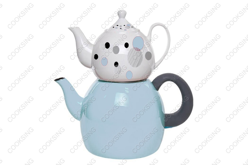 BK-3207DE 1.0L Porcelain Teapot With Decals Flower+3.2L Colorful Enamel Kettle With Black Bakelite Handles