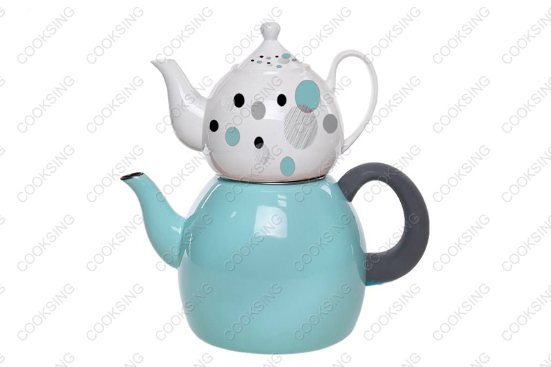 BK-3207DE 1.0L Porcelain Teapot With Decals Flower+3.2L Colorful Enamel Kettle With Black Bakelite Handles