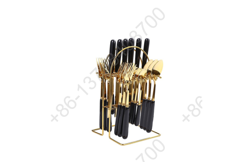 25 Pcs Gold Plated Hang Flatware Set Stainless Steel Knife Fork Spoon Cutlery Set With Color Ceramic Handle