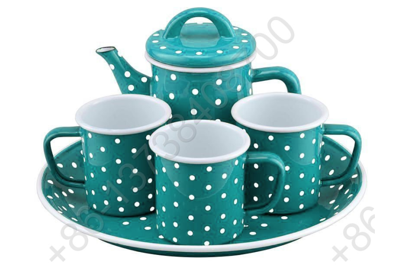 27cm Deep Enamel Round Tray Plate+0.6L Enamel Teapot+3pcs Enamel Mug