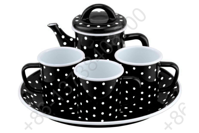 27cm Deep Enamel Round Tray Plate+0.6L Enamel Teapot+3pcs Enamel Mug