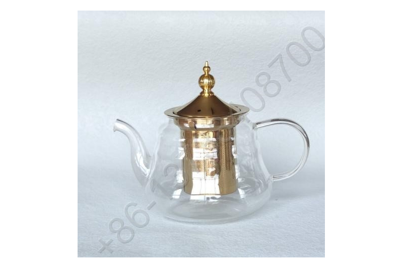 0.9L Luxury High Quality Tea Pot Gold Stainless Steel Filter And Lid Glass Handle Heat Resistant Glass Teapot