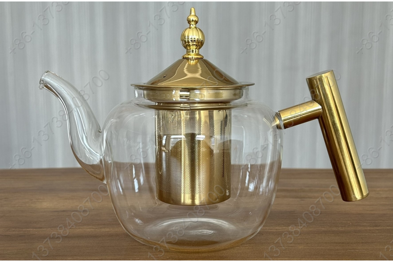 0.8L/1.0L/1.2L Luxury High Quality Tea Pot Gold Stainless Steel Handle Heat Resistant Pyrex Glass Teapot