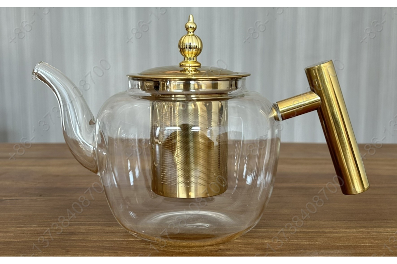 0.8L/1.0L/1.2L Luxury High Quality Tea Pot Gold Stainless Steel Handle Heat Resistant Pyrex Glass Teapot