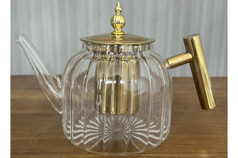 0.8L/1.0L Luxury High Quality Pyrex Tea Pot Gold Stainless Steel Handle Heat Resistant Pyrex Glass Teapot