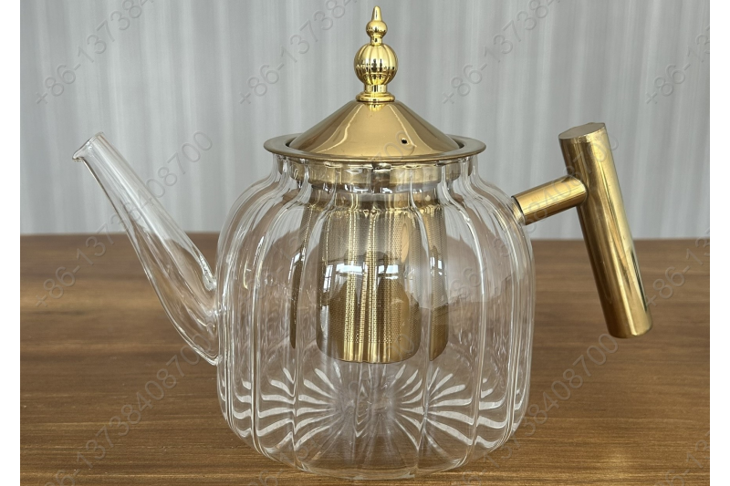 0.8L/1.0L Luxury High Quality Pyrex Tea Pot Gold Stainless Steel Handle Heat Resistant Pyrex Glass Teapot