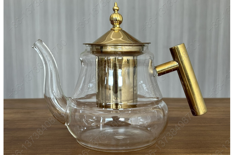 0.8L/1.0L Luxury High Quality Pyrex Tea Pot Gold Stainless Steel Handle Heat Resistant Pyrex Glass Teapot