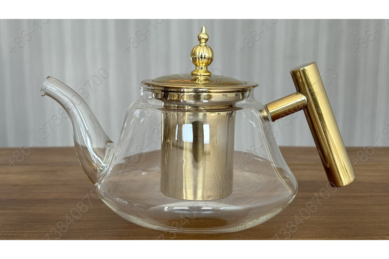 0.8L/1.0L Luxury High Quality Pyrex Tea Pot Gold Stainless Steel Handle Heat Resistant Pyrex Glass Teapot