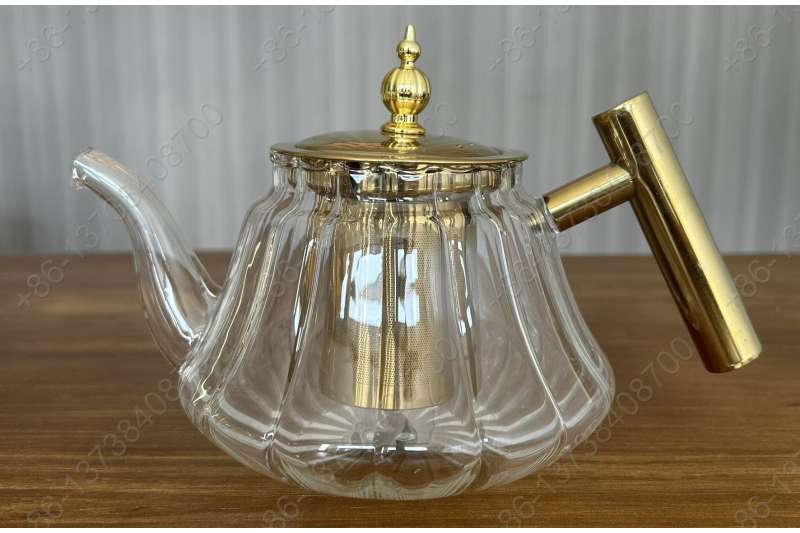 0.8L/1.0L Luxury High Quality Pyrex Tea Pot Gold Stainless Steel Handle Heat Resistant Pyrex Glass Teapot