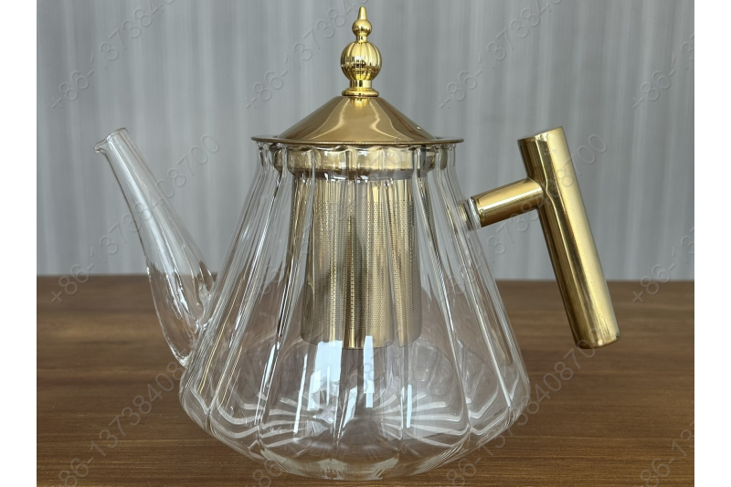 1.0L Luxury High Quality Pyrex Tea Pot Gold Stainless Steel Handle Heat Resistant Pyrex Glass Teapot