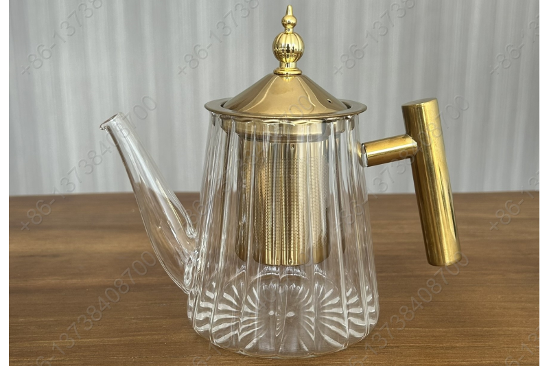 0.8L/1.0L Luxury High Quality Pyrex Tea Pot Gold Stainless Steel Handle Heat Resistant Pyrex Glass Teapot