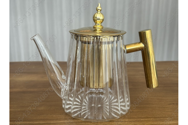 0.8L/1.0L Luxury High Quality Pyrex Tea Pot Gold Stainless Steel Handle Heat Resistant Pyrex Glass Teapot