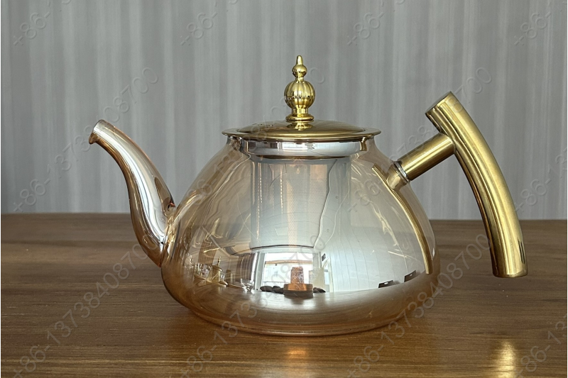 0.8L/1.0L Luxury High Quality Pyrex Tea Pot Gold Stainless Steel Handle Heat Resistant Pyrex Glass Teapot