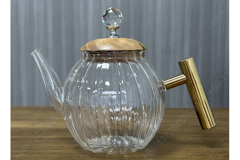 0.8L/1.0L Luxury High Quality Pyrex Tea Pot Gold Stainless Steel Handle Heat Resistant Pyrex Glass Teapot