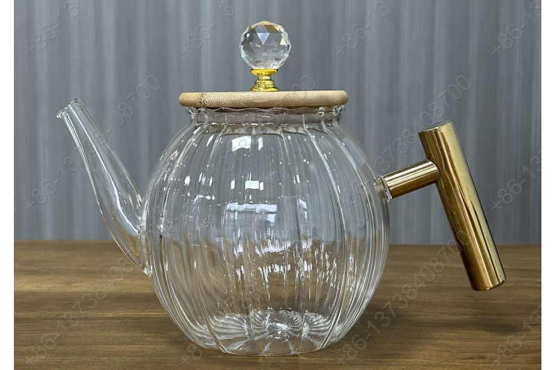 0.8L/1.0L Luxury High Quality Pyrex Tea Pot Gold Stainless Steel Handle Heat Resistant Pyrex Glass Teapot