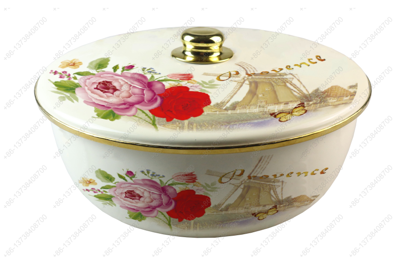 26CM/29CM/32CM Luxury High Quality Enamel Bowl Enamel Pot With Decals Enamel Cover And Golden Knob & Rim