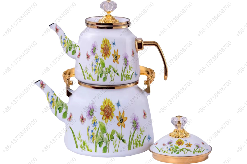 1.0L/2.5L Luxury Quality Enamel Tea Pot Kettle Set With Decal & Gold Stainless Steel Handle & Crystal Heat Resistant Handle|ظروف_لعابی|قابلمه_لعابی|لعابی_رنگی|لعابی_درجه_یک